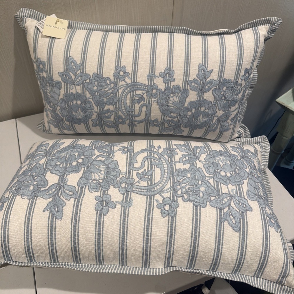 Set Of 2 Magaschoni Throw Sofa Bed Blue White Embroidered Pillows 24" X 12"